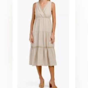 Elena Baldi Beige Sleeveless Tiered Linen Dress with Lace Trim S